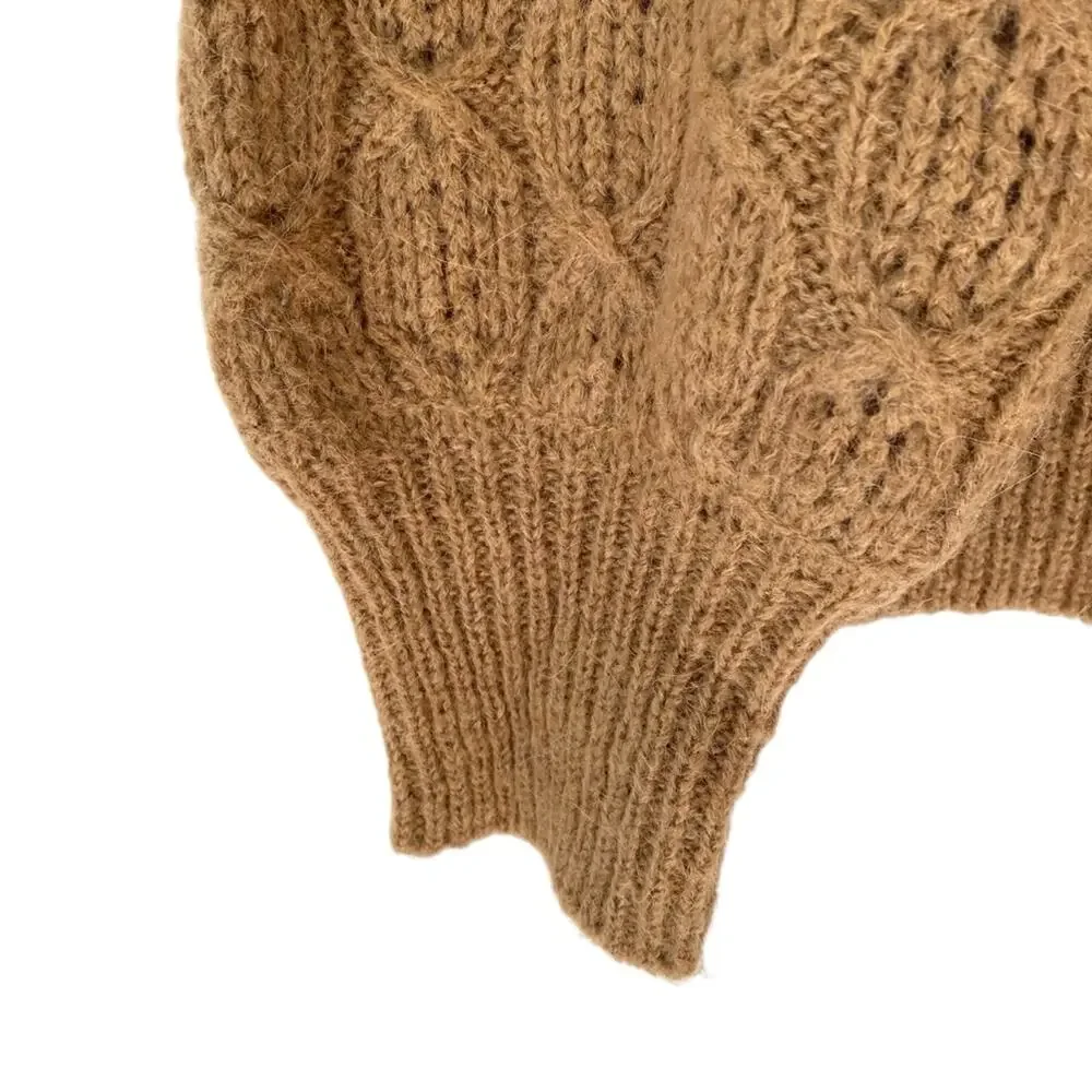 J. Crew Balloon Sleeve Open Weave Cable Knit Sweater XS Tan Brown Wool Alpaca